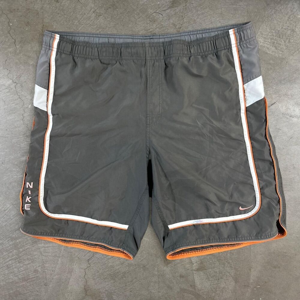 Y2K Nike gray swim shorts with white and orange stripes